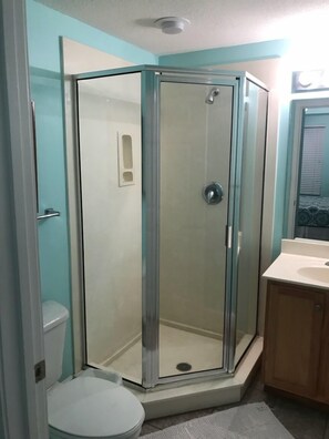 A bathroom with a glass-enclosed shower, a toilet, and a sink.