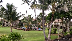 Un resort con zona de piscina, palmeras y un césped bien cuidado.
