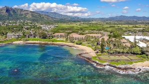 Un complejo turístico frente al mar con propiedades en la playa, aguas azul cristalino y abundante vegetación.