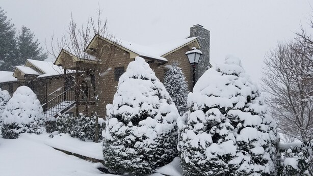 Schneebedeckte Landschaft mit einem Haus, einem Schornstein und mit Schnee beladenen Bäumen.