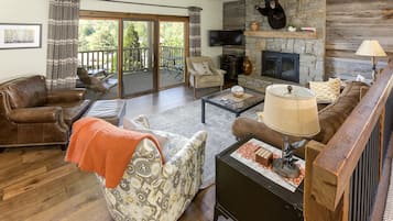 Smart TV, fireplace, books