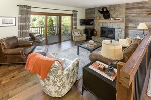 Smart TV, fireplace, books