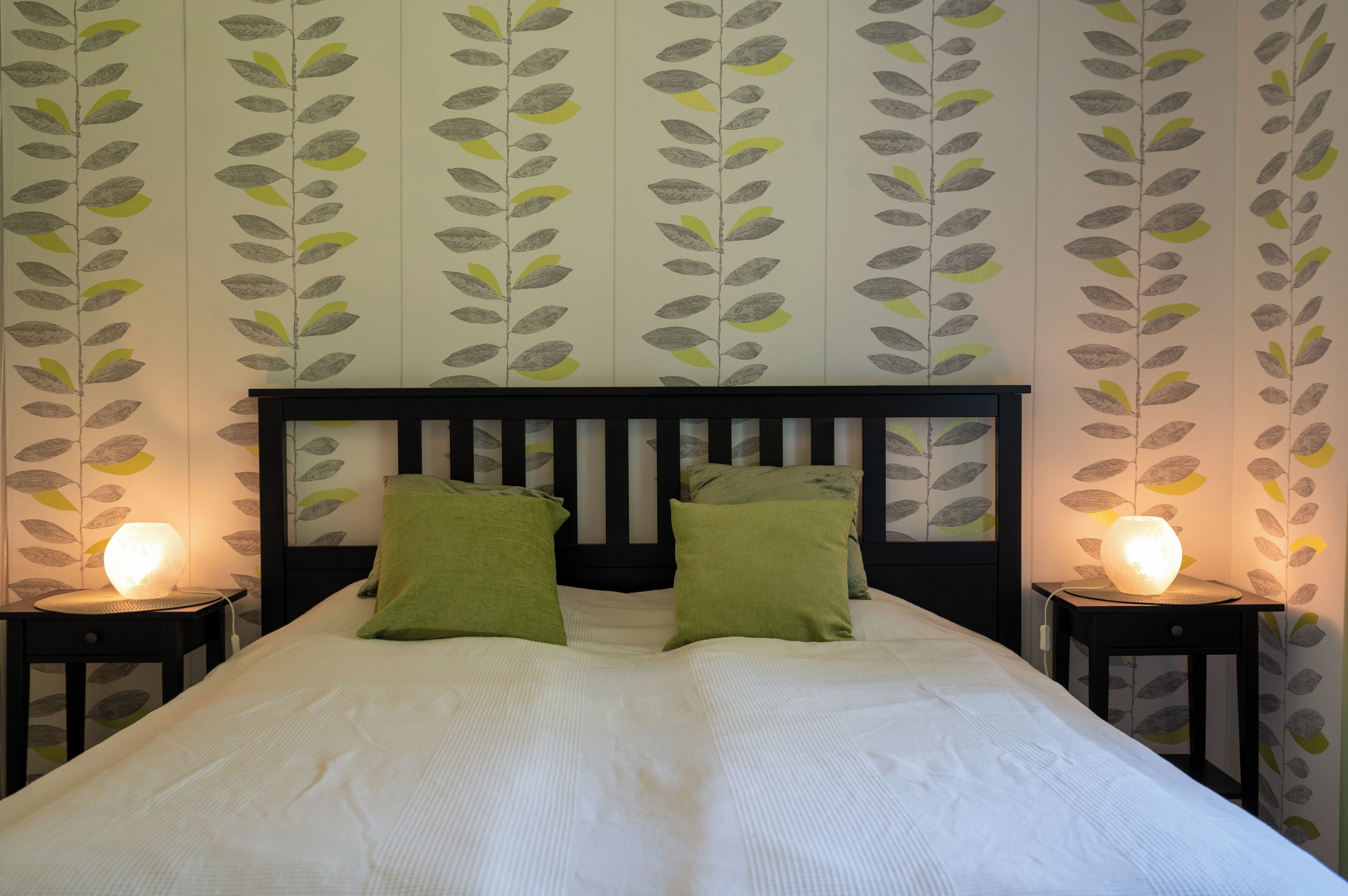 A double bed with a wooden headboard, two green pillows, and two bedside lamps.