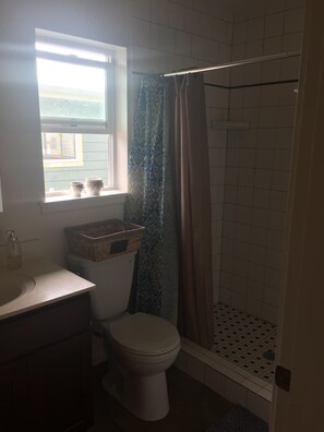 Combined shower/tub, hair dryer, towels, soap