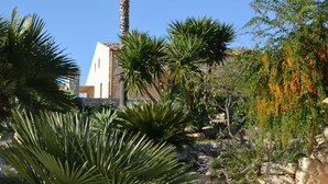 A garden with palm trees, a rock wall, and a building with a sloped roof. - MAESTRALE 1 bedroom apt 2/4 sleeps  with Pool - Modica - Sicily (MODICA)