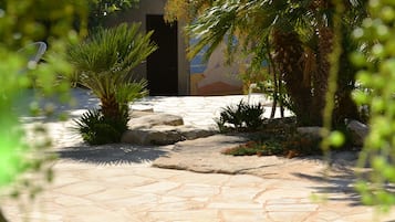 A stone pathway leading to a building with a mural, surrounded by palm trees and rocks.