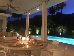 Outdoor dining - Oversized Patio, Pool and View! Experience great Indoor/Outdoor living PS style! (Palm Springs)