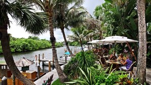 Un restaurante a orillas del río con terraza, rodeado de exuberante vegetación y palmeras.