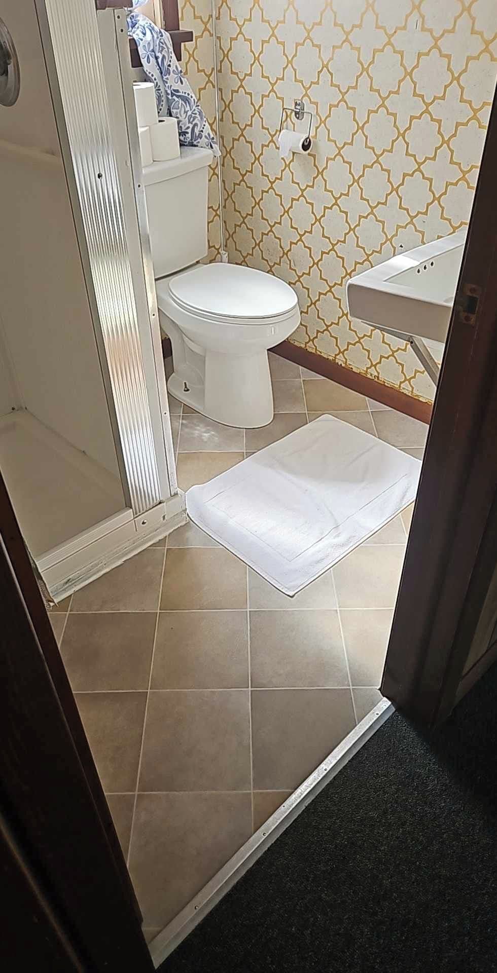 Casa de banho com sanita, lavatório e azulejos estampados.