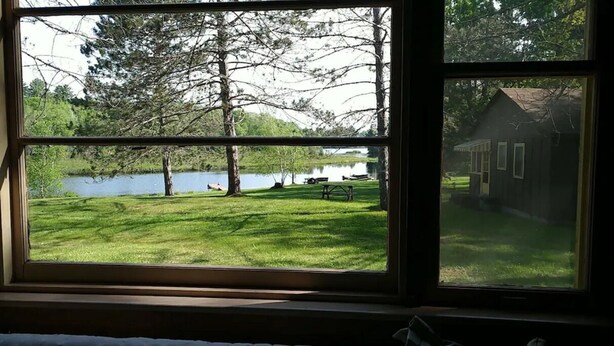 A view through a window of a grassy yard with a lake, trees, and a small building.