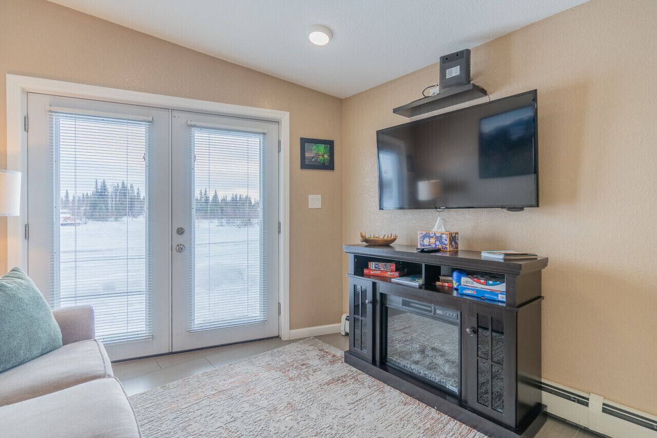 Smart TV, lareira, livros