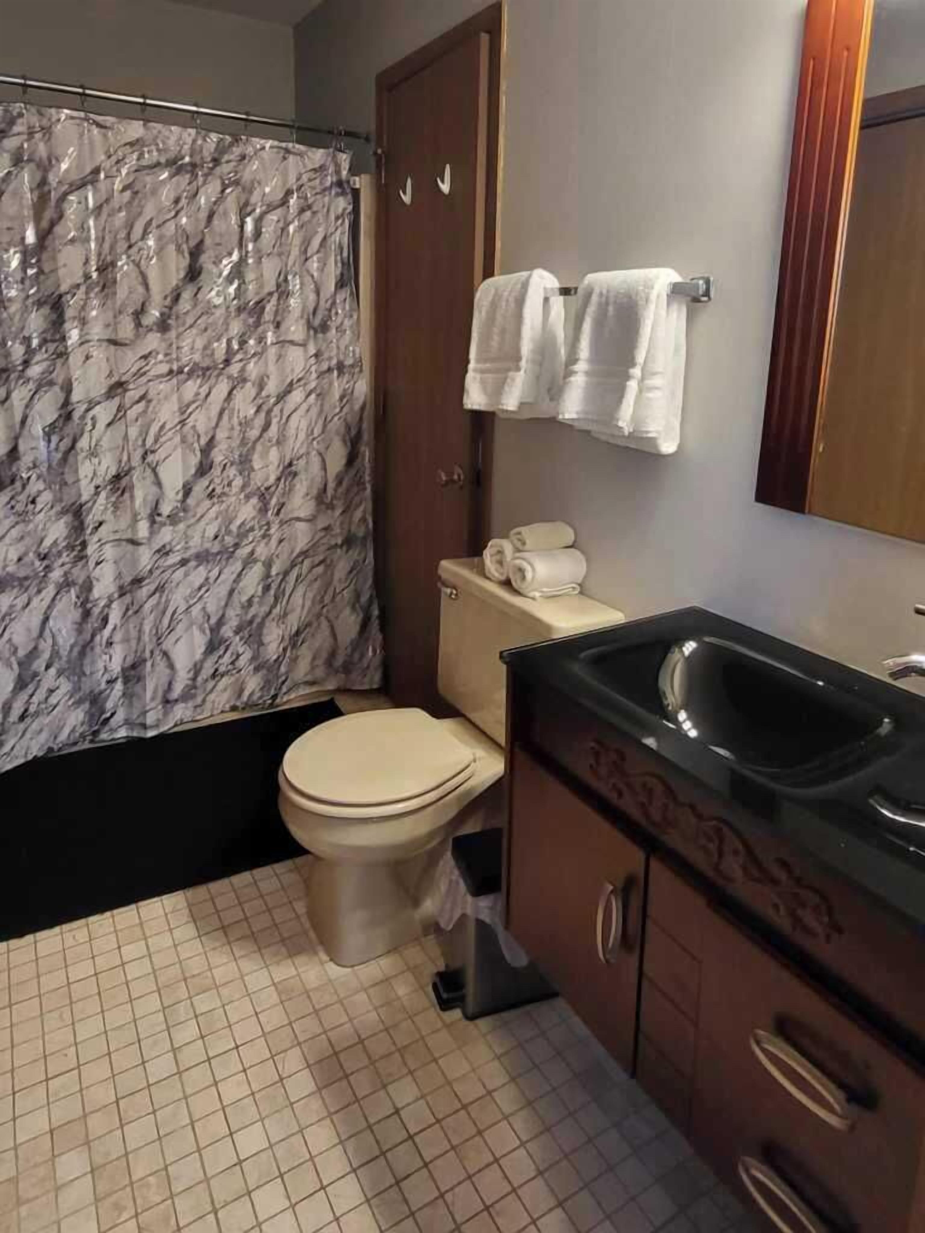 A bathroom with a marble shower curtain, a toilet, a sink, and a mirror.