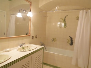 Combined shower/tub, free toiletries, hair dryer, towels