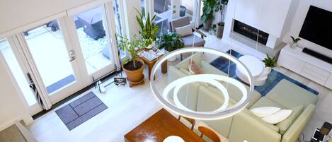 Smart TV, fireplace, DVD player, books