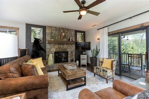 Smart TV, fireplace, books