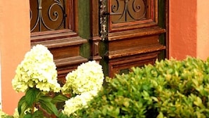 Una puerta de madera con un tirador decorativo de metal y una ventana protegida por una reja metálica.