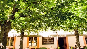 Un área de estar al aire libre con mesas y sillas bajo un árbol, un letrero con texto y vista al interior.