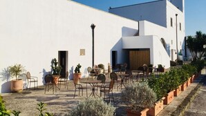 Een terras buiten met tafels en stoelen, omringd door potplanten en een wit gebouw met een modern ontwerp.