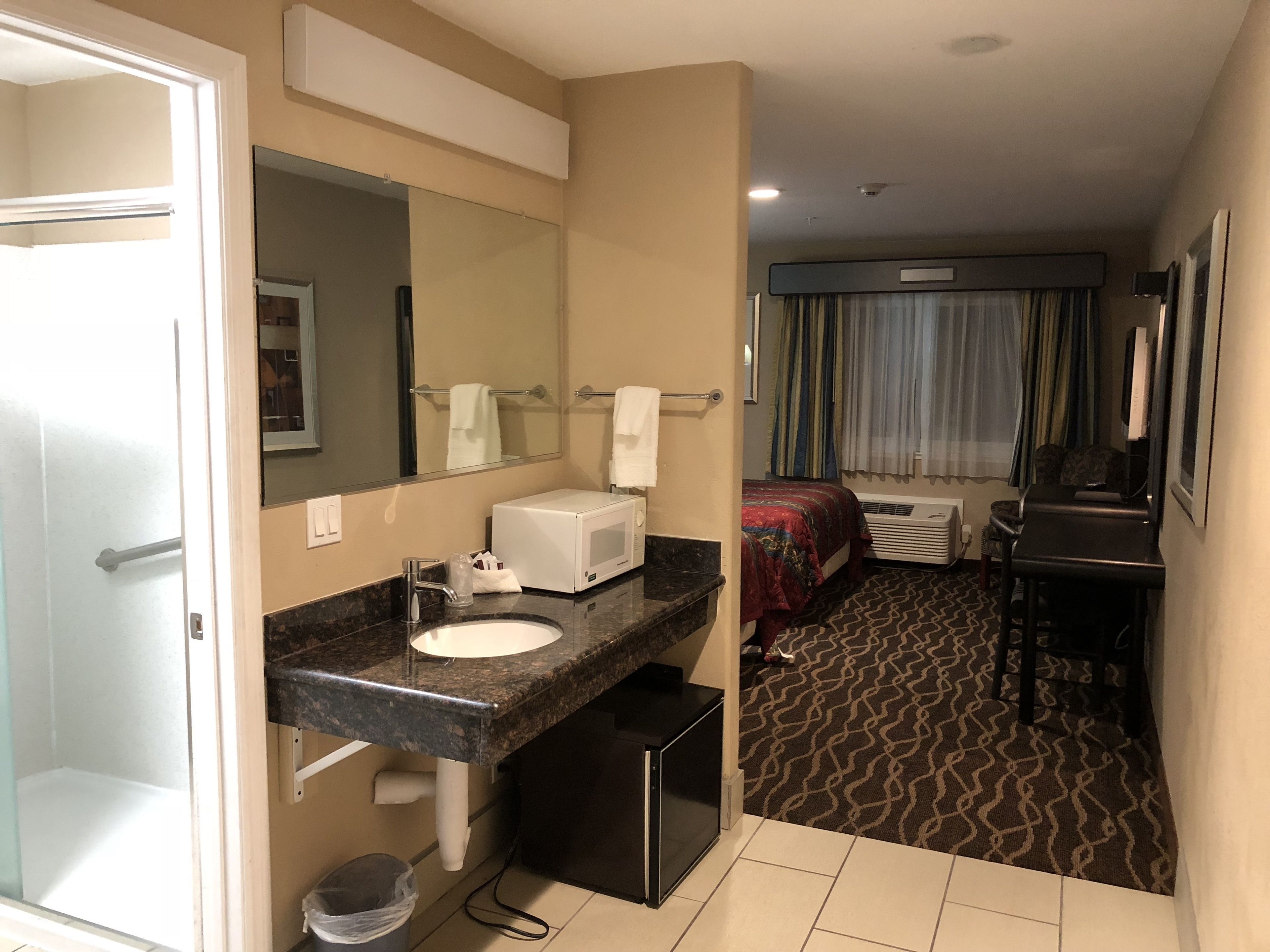 A hotel bathroom with a sink, mirror, and a microwave.