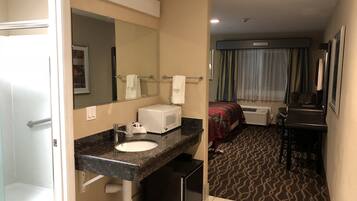 A hotel bathroom with a sink, mirror, and a microwave.
