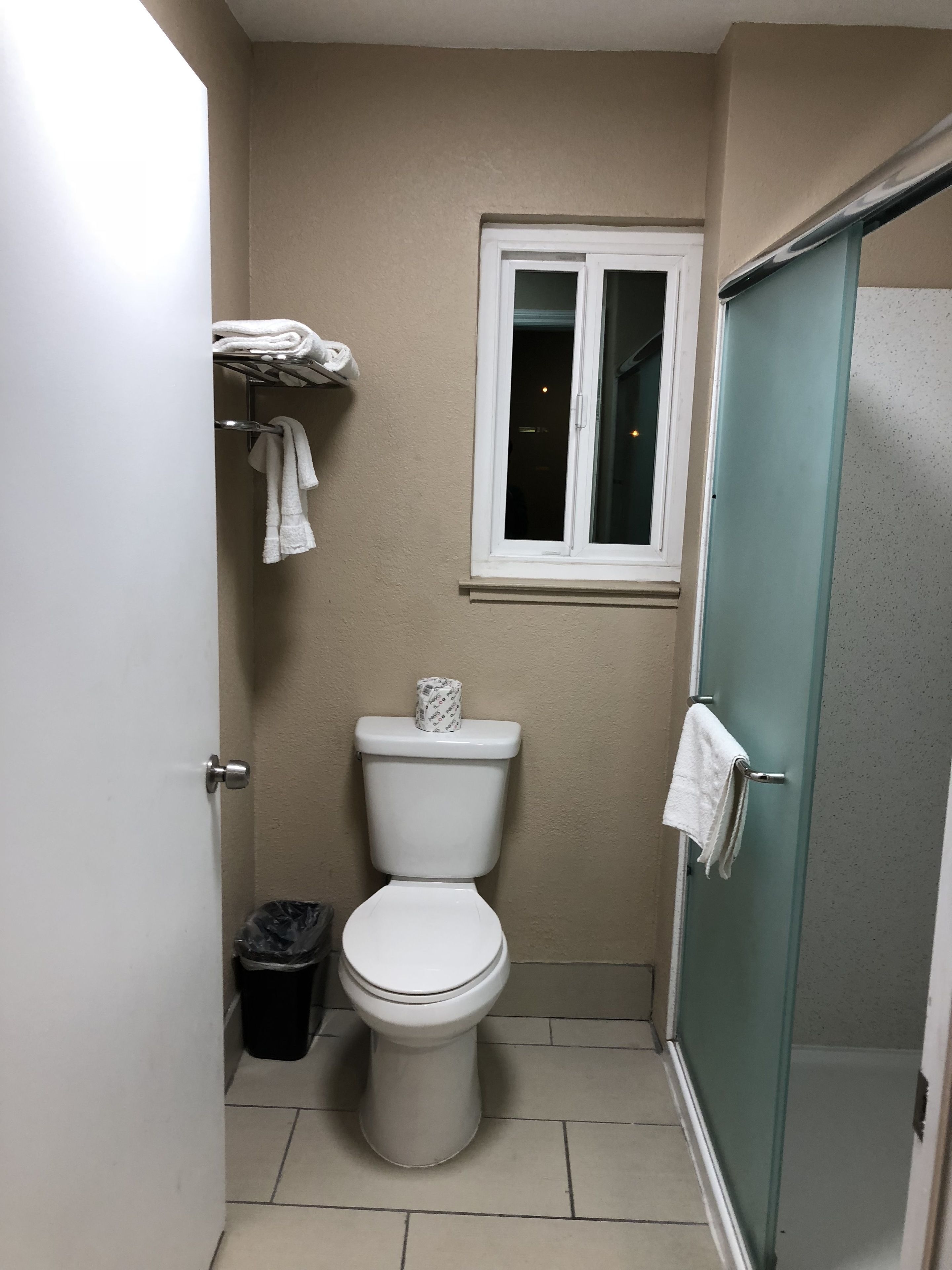 A small bathroom with a toilet, a window, and a shower door.