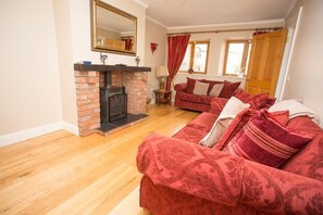 Una televisión de pantalla plana, una chimenea, un reproductor de DVD