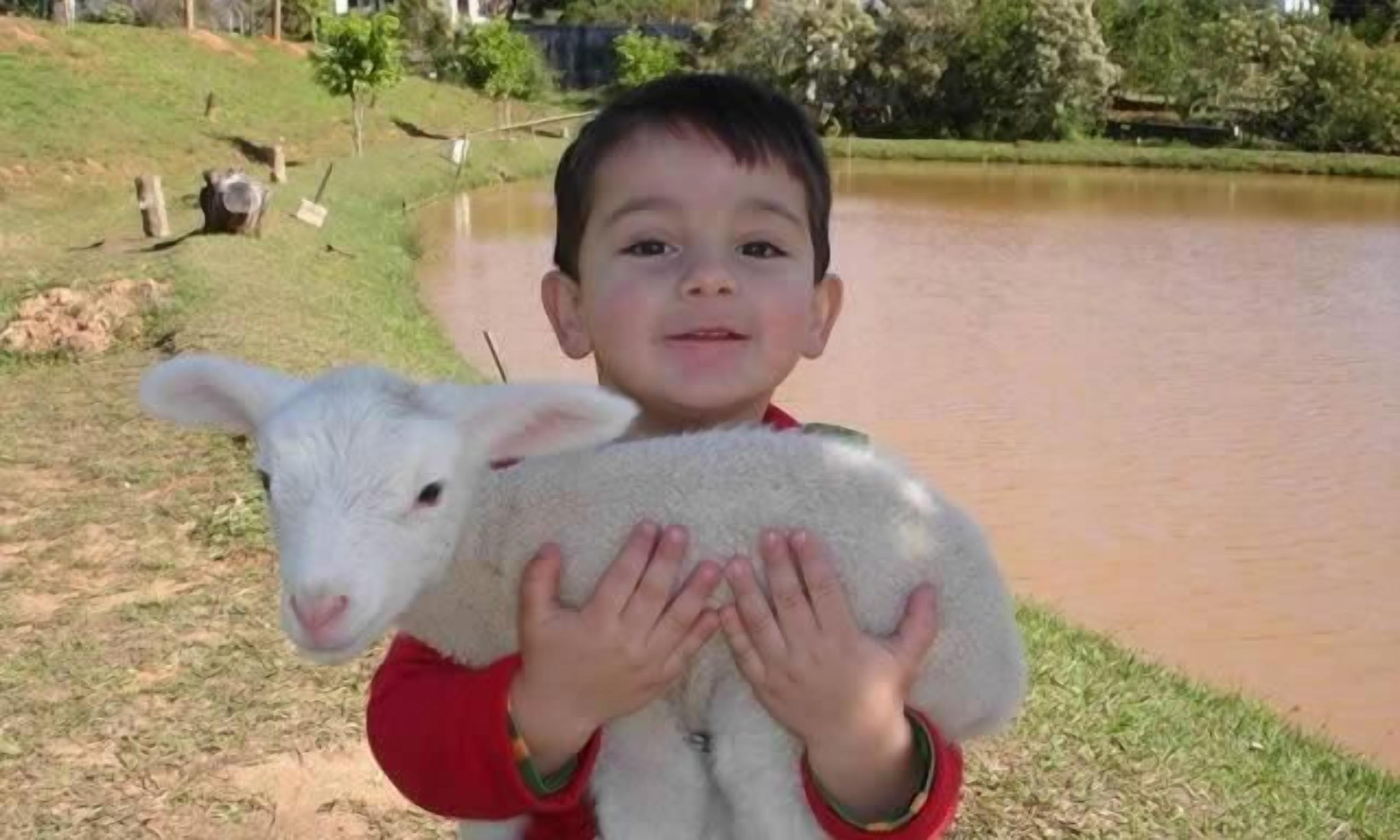 A child holding a lamb near a body of water.
