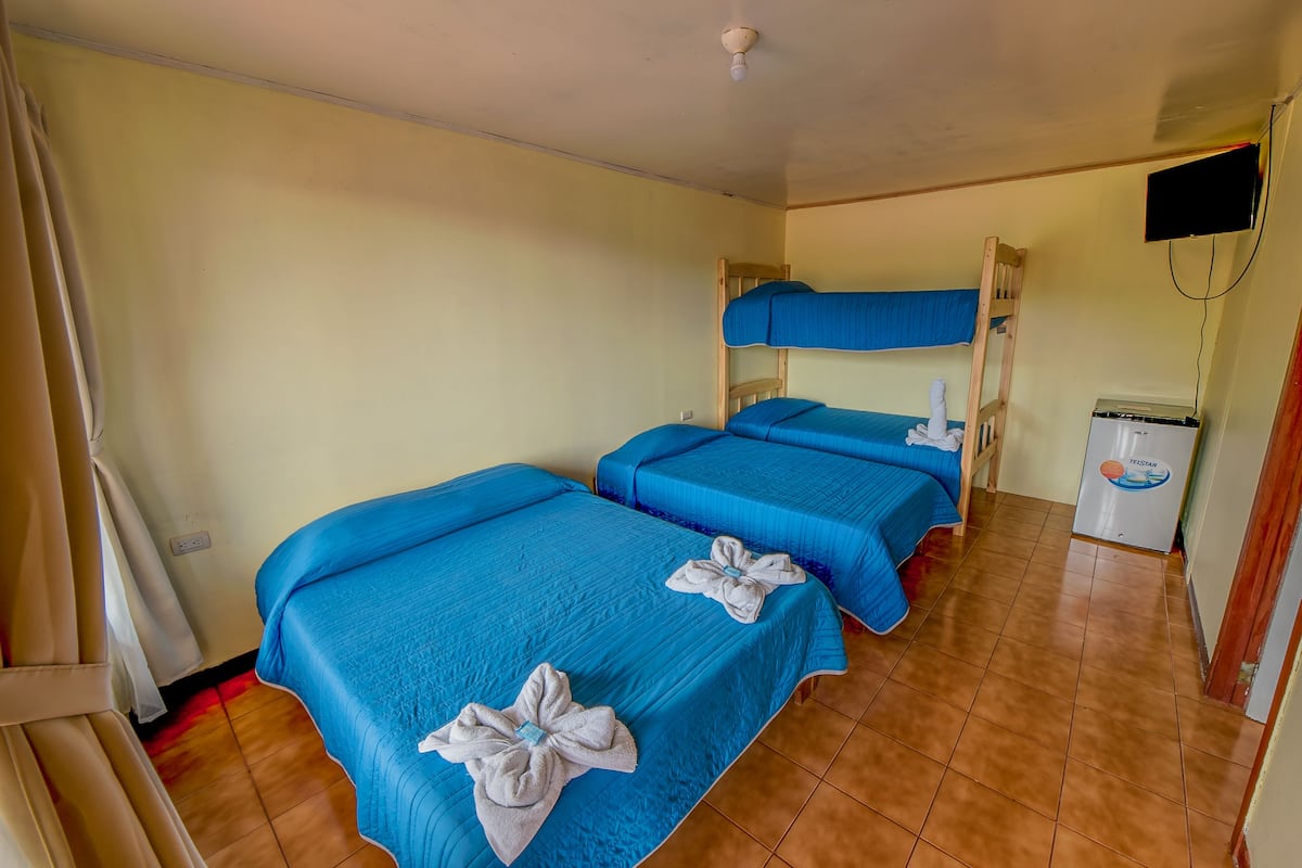 Une chambre avec trois lits superposés, chacun recouvert d’une couverture bleue et muni d’une serviette sur le lit.