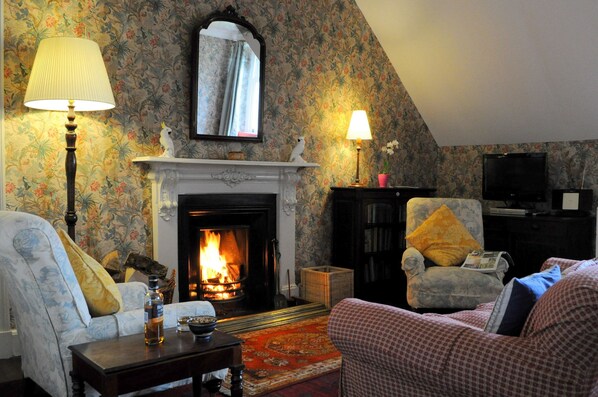 薄型テレビ、暖炉、DVD プレーヤー、MP3 ドック