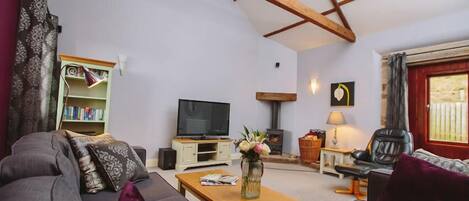 Een flatscreentelevisie, een open haard en een dvd-speler