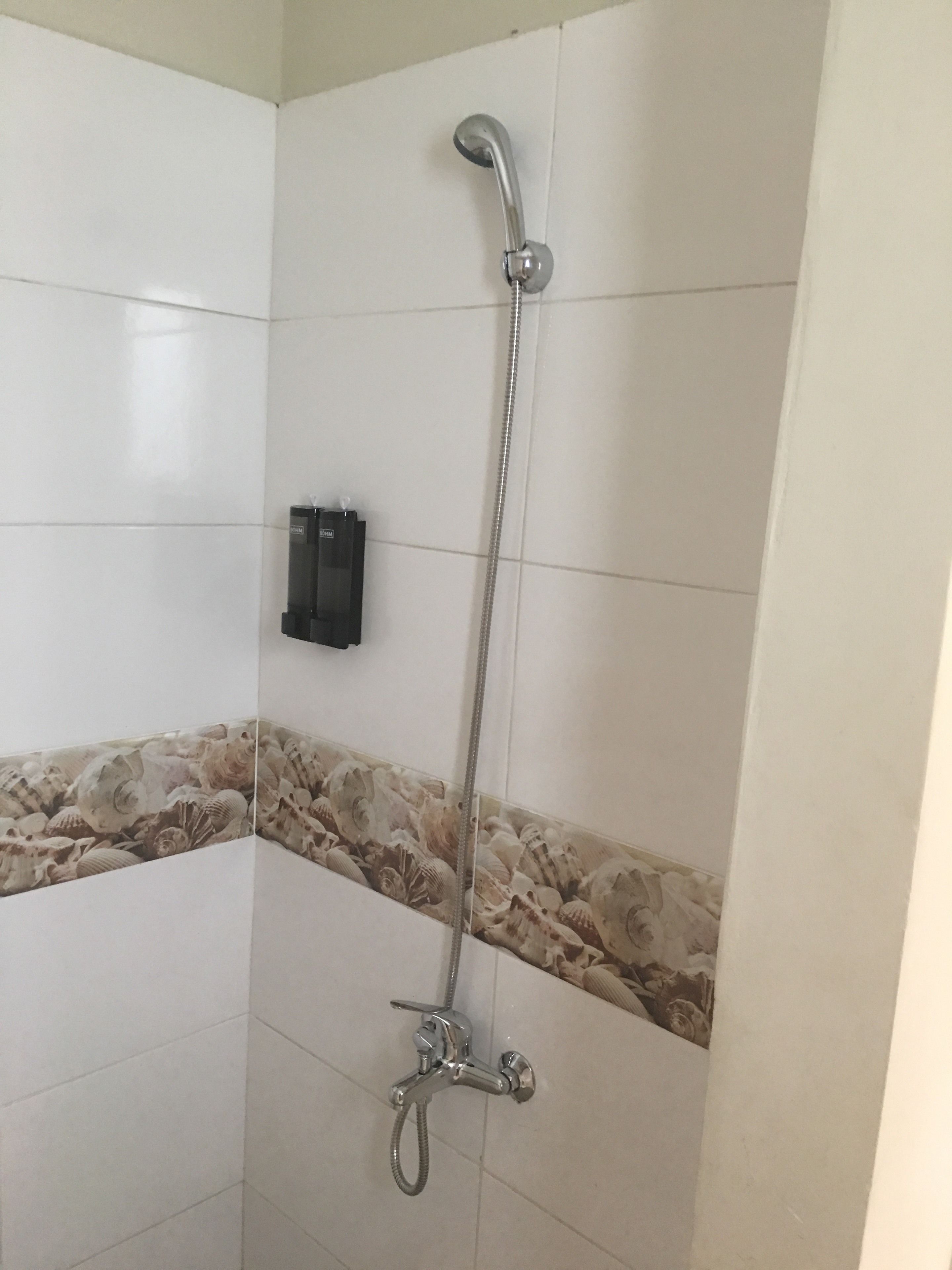 Une douche équipée d’un pommeau de douche à main et d’un robinet fixé au mur.