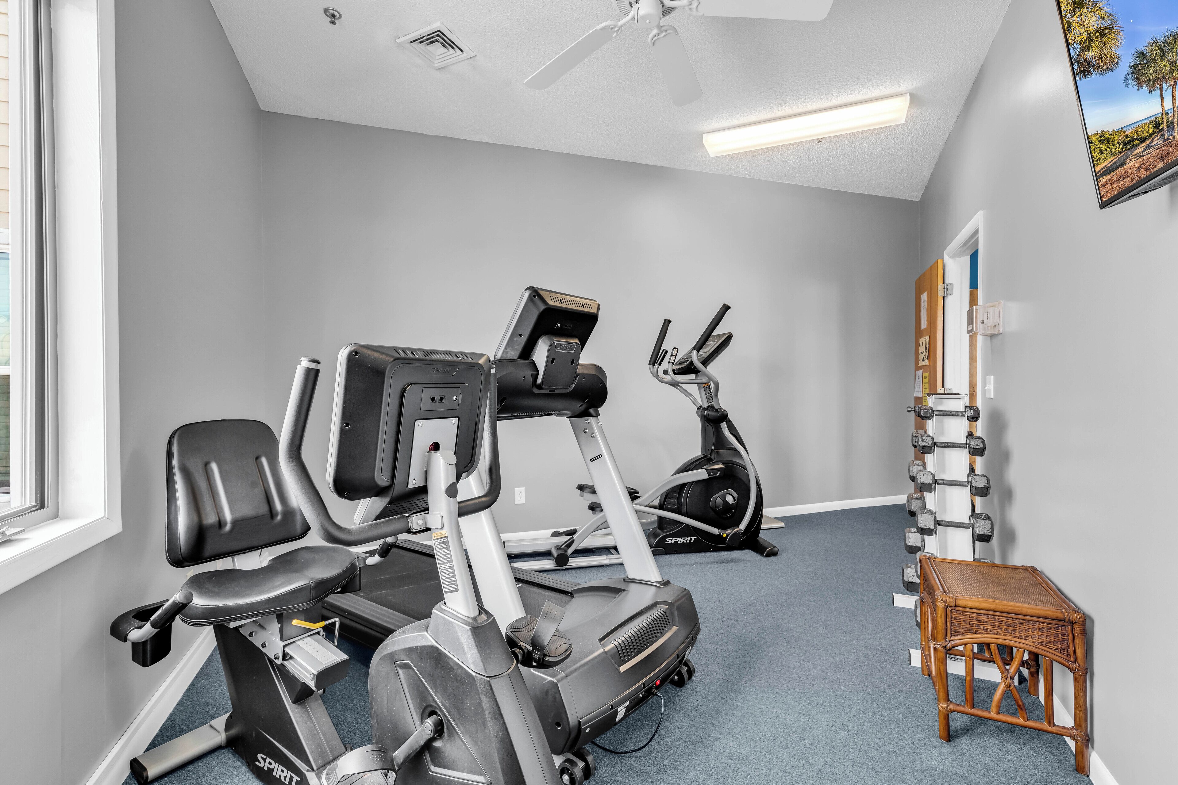 A gym with treadmills, an elliptical, and a wall-mounted rack of dumbbells.