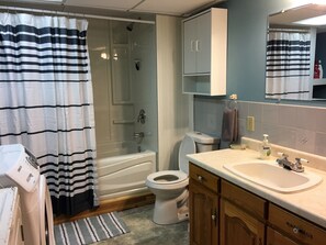 A bathroom with a shower, toilet, and sink. - TO Stays - Waterfront Lake House Retreat (Ryerson)