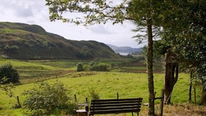 A bench in a grassy field with a view of hills and a lake.