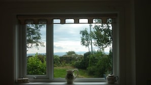 A window with a view of greenery and hills.