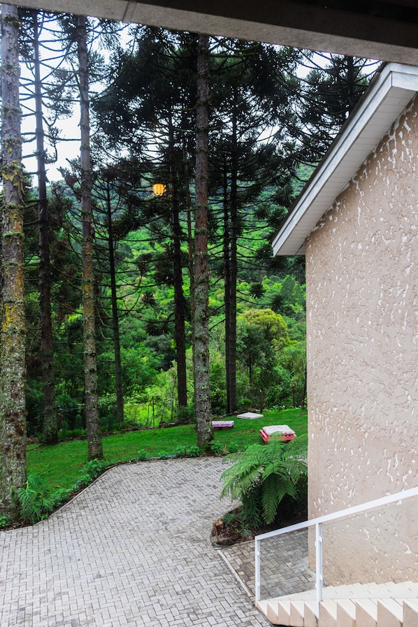 A paved pathway leading to a building with a view of a forested area.