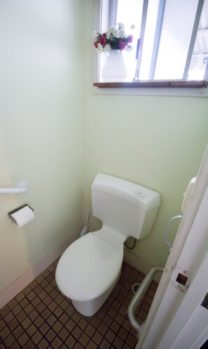 Et lille badeværelse med toilet, et vindue med blomsterdekoration og en håndtørrer.