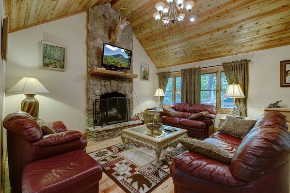 Smart TV, chimenea y estéreo 