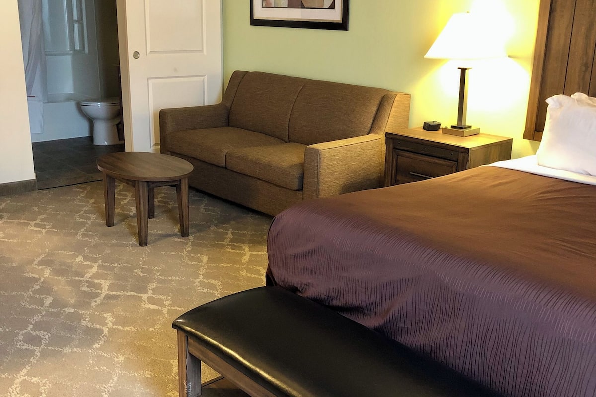 A hotel room with a bed, a sofa, a small table, a bench, a nightstand with a lamp, a framed picture on the wall, and a door leading to a bathroom.