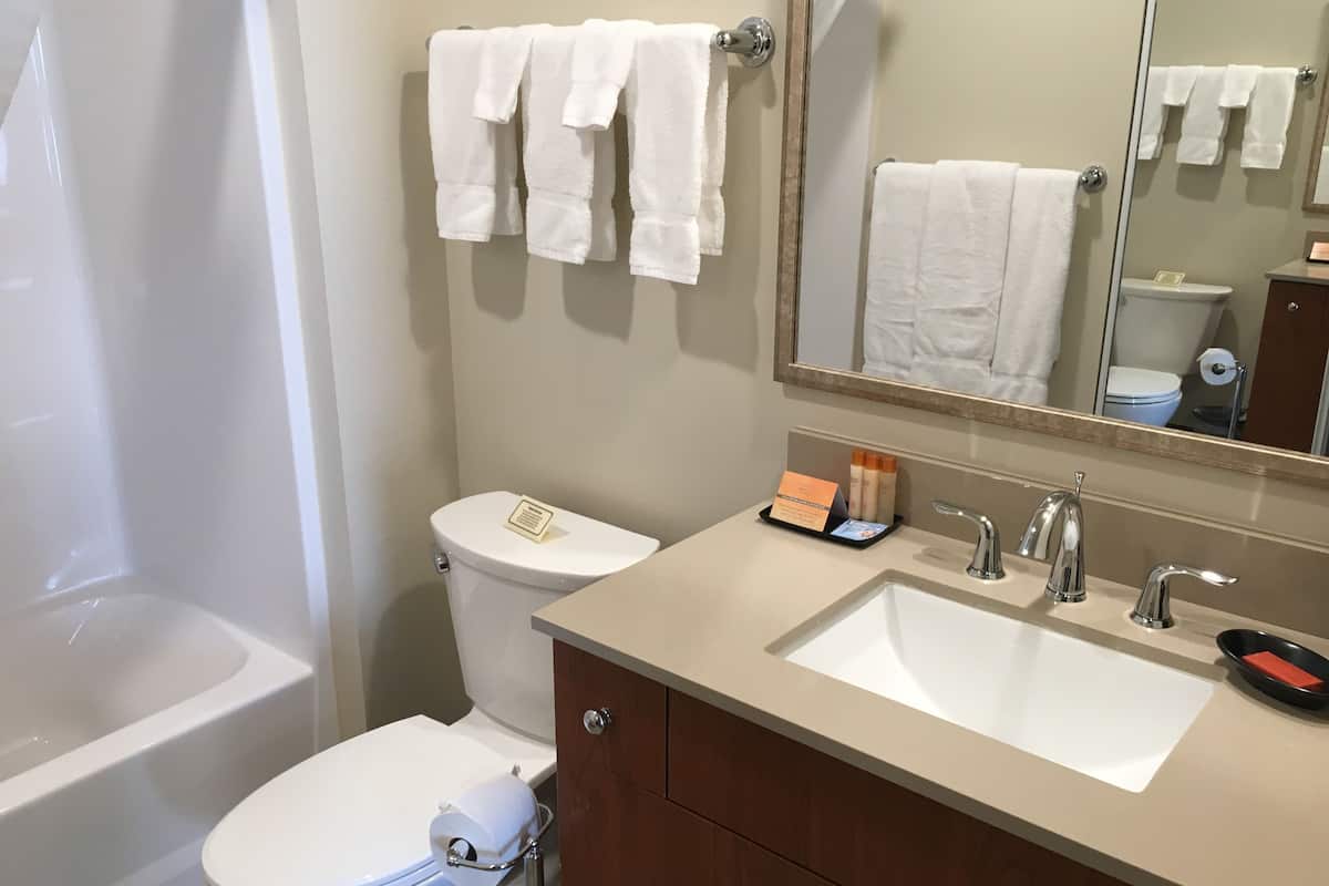 combined shower/bathtub, free toiletries, towels