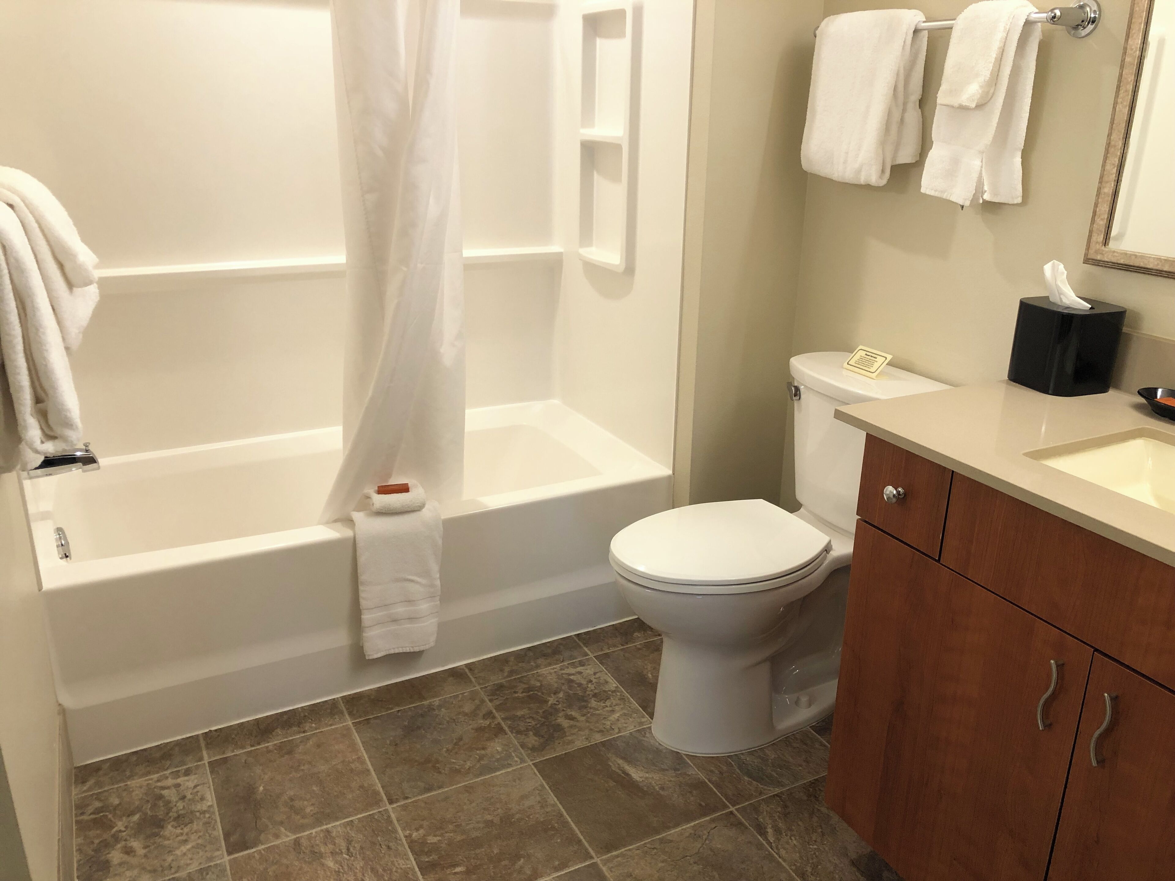 combined shower/bathtub, free toiletries, towels