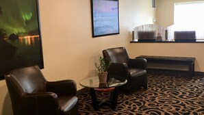 A room with two leather chairs, a glass table with a potted plant, a framed picture of the aurora borealis, and a patterned carpet.