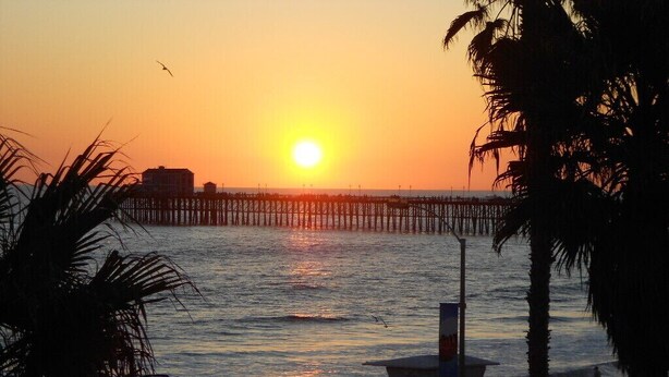 A beach scene with a lifeguard tower, palm trees, and a pier extending into the water during sunset.