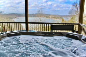 A hot tub with a view of a river and hills. - Private Pool, Pickleball court, Hot Tub, LakeView (Ridgedale)