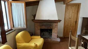 A room with a fireplace, wooden ceiling, yellow armchairs, and a wooden door.