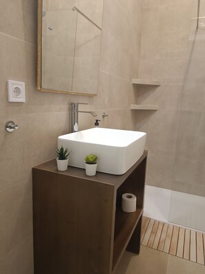 Shower, hair dryer, bidet, towels