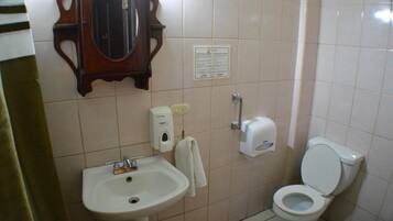 Baño con lavamanos, inodoro y espejo.
