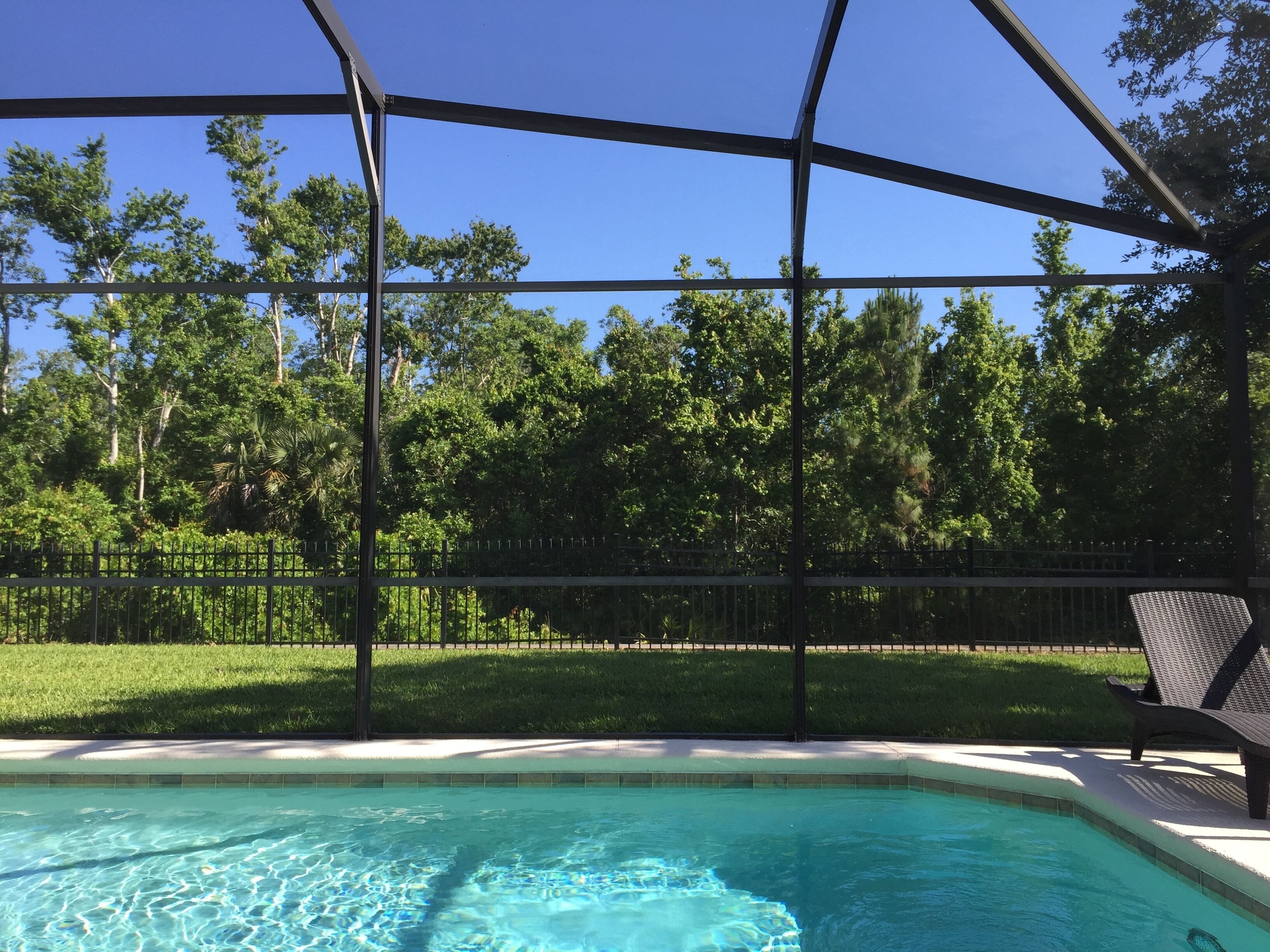 A swimming pool with a metal safety fence, surrounded by a grassy area and trees.