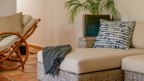 A wicker sofa with a cushion and a throw blanket, a wicker chair, and a potted plant.