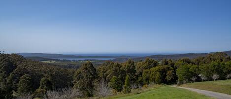 A panoramic view of a hilly landscape with dense forests and a clear sky.